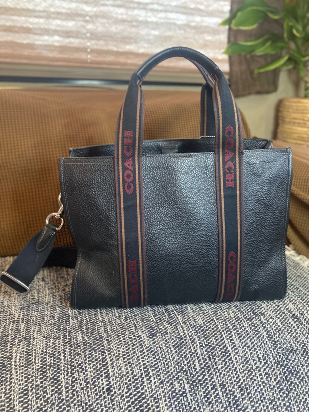 Coach Black Pebbled Tote with Logo Accent, Detachable Strap, Double Handles - Picture 9 of 17